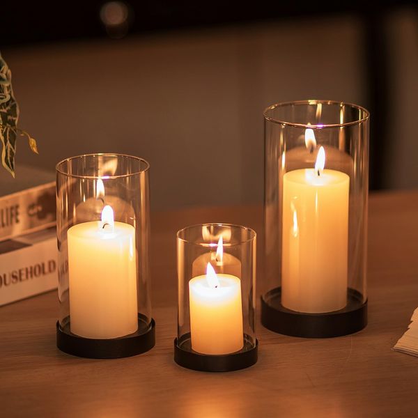 Glasseam Pillar Candle Holder Glass: Black Candle Holders Set of 3 Hurricane Glass Candle Holder Metal Candle Holder with Glass Cylinder Votive Candle Holder for Fireplace Tables Christmas Party