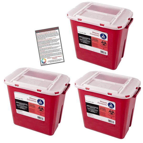 Sharps Container 2 Gallon - Plus Vakly Biohazard Disposal Guide (3 Pack)