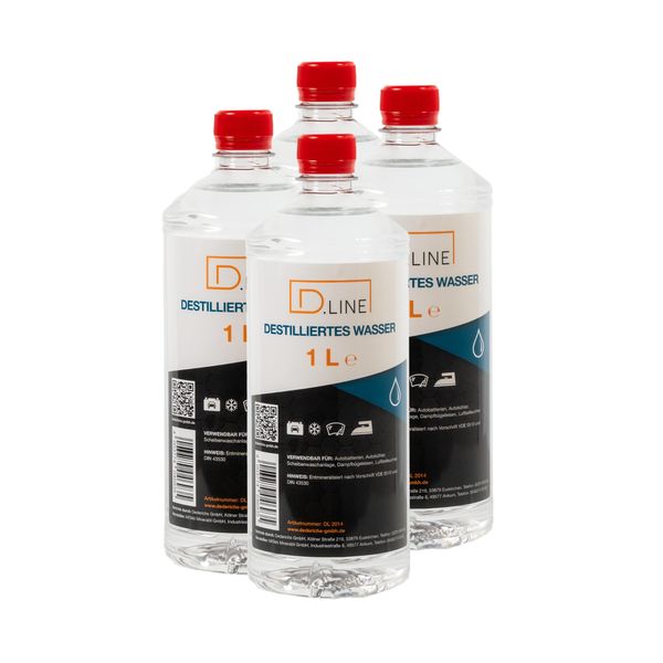 D.LINE Destilliertes Wasser 4x 1 Liter, Entmineralisiert nach Vorschrift VDE 0510 und DIN 43530