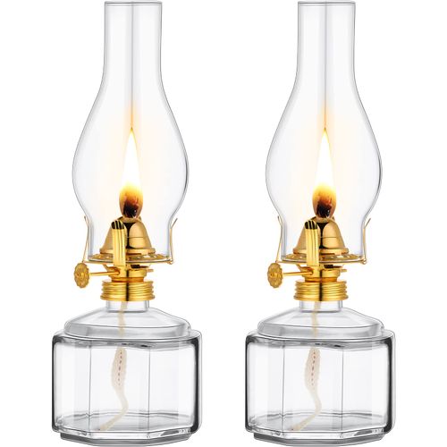2 Pieces Chamber Oil Lamp Classic Kerosene Lamp Lantern Vintage Oil Lantern Decorative Clear Hurricane Lamp with Adjustable Fire Wick for Home Indoor Use, 13 Inch Height