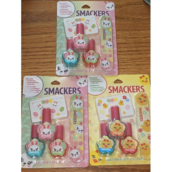 3 Lot SMACKERS 16pc Set NAIL POLISH Water Based Stickers & File