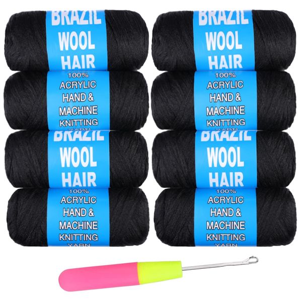 Samtress Brazilian Wool Hair Acrylic Yarn 8 Roll Natural Black 100% Brazilian Wool Hair for Crochet Braids Faux Locs Knitting Hair Synthetic Fiber Hair Extensions (#Black)