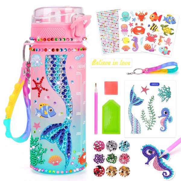 Girls Toys Age 4 5 6 7 8, Craft Kits for Kids Age 6-8-10 Girls Water Bottle Gifts for Girl Age 5-9 Birthday Presents for 5-12 Year Old Girl Children Mermaid Toy Kids' Craft Kits with Gem Art Stickers