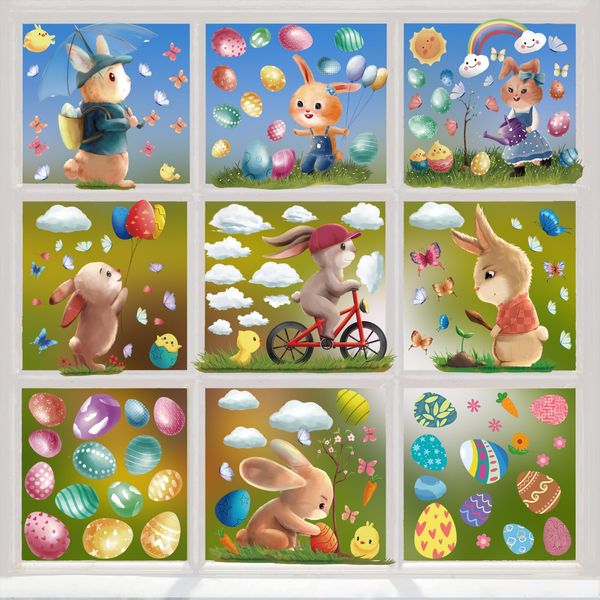 GOMANCHE Fenstersticker Ostern, Wiederverwendbare Ostern Fensterdekoration, Doppelseitige Oster Fensteraufkleber, Haseneier, Osteraufkleber, Dekorationen für Schule, Zuhause, Urlaubsbedarf