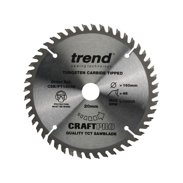 Trend CraftPro TCT Finish Panel Trimming Plunge Saw Blade, 160mm Diameter, 20mm Bore, 48 Teeth, 2.2mm Kerf, +4° Hook, CSB/PT16048