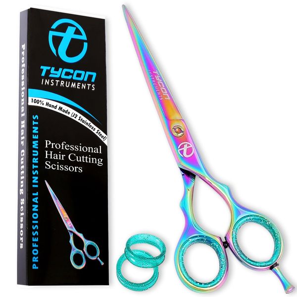 Tycon Hair Cutting Scissors Professional 6" – Japanese Stainless Steel, 2.7" Razor Edge Blade Barber Scissors – Ergonomic design - Precision Shears For Hair Cutting - Salon & Personal Use - Rainbow