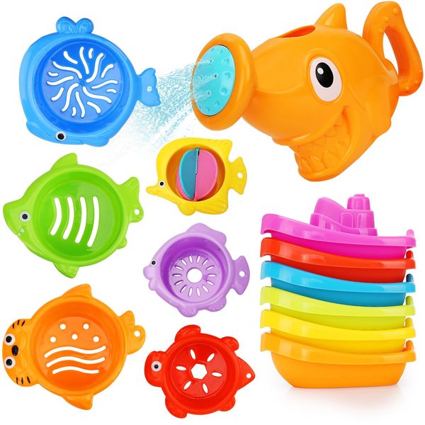 SLTBEH Baby Bath Toys for Kids Ages 1-3, 13 Pcs Bathtub Toys for Babies 6-12-18 Months, Mold Free Bath Boat with Stacking Cup & Watering Can , Water Table Toys for Infants Boys Girls 1 2 3 4