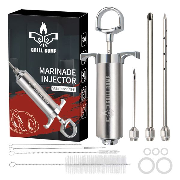 Grill Bump Meat Injector Syringe Kit with 3 Professional Marinade Injector Needles for BBQ Grill Smoker, Turkey and Brisket; 2-oz Large Capacity, Including Paper User Manual, Recipe E-Book (PDF)