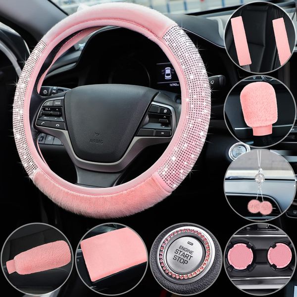 10 Pcs Pink Car Accessories Set, Pink Steering Wheel Cover Fluffy Armrest Box Mat Handbrake Cover Seat Belt Shoulder Pads Gear Shift Cover Ignition Button Ring Stickers Mirror Hanging Ornaments