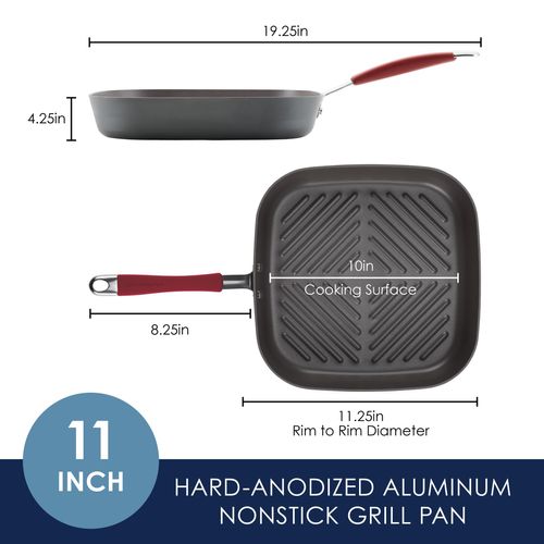 Rachael Ray Cucina Hard Anodized Nonstick Grill/Deep Square Griddle Pan, 11 Inch, Gray with Red Handles