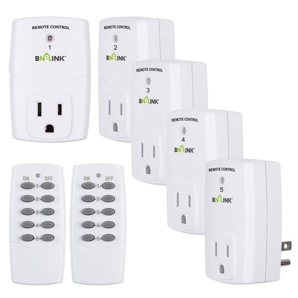 BN-LINK Mini Wireless Remote Control Outlet Switch Power Plug in for Household Appliances, Wireless Remote Light Switch, LED Light Bulbs, White (2 Remotes + 5 Outlets) 1250W/10A