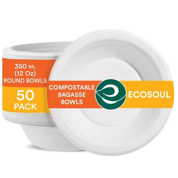 ECO SOUL Pearl White Round 350 ml(12oz) Bagasse Bowls, 10x Times Sturdy Than Paper Plates(Pack of 50), Disposable Tableware, 100% Compostable, Eco Friendly Alternative to Plastic Bowls, Microwavable