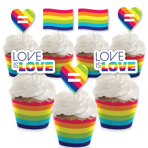 Love is Love - Cupcake Decoration - Pride Rainbow Party Cupcake Wrappers and Treat Picks Kit - Set of 24