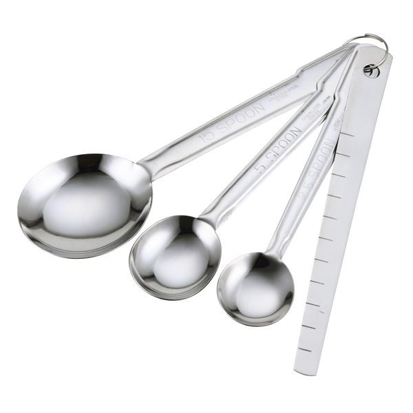 Kai KAI KITCHEN DH8121 Stainless Steel Measuring Spoons, Set of 3, Tablespoon, 1/2 Tsp, Thin, Includes Spatula, Dishwasher Safe, Silver, Made in Japan