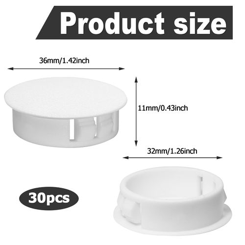 Auvotuis 30Pcs White Plastic Hole Plugs, 1-1/4Inch (32mm) Round Flush Mount Hole Plug Panel Plug Snap for Table, Chair, Furniture