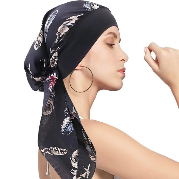 Kopftuch für Frauen Kopfbedeckung Damen Chemo Kopfbedeckung Im Voraus Gebunden Set Plissiert Headwrap Schals Gap Mütze Damen -Schwarz Feder