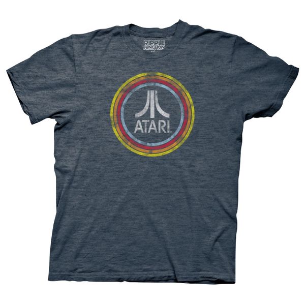 Ripple Junction Atari Men's Short Sleeve T-Shirt Distressed Classic Retro Fuji Logo in Circles Vintage Gaming LG HEA. Navy