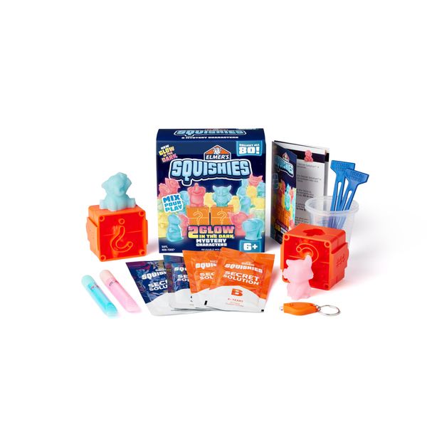 Elmer's Squishies Kids’ DIY Activity Kit, Glow in the Dark Toy Kit, Creates 2 Mystery Characters, 13-Piece Set, Ages 6+