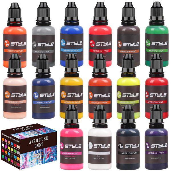 rhinowisdom Airbrush Paint - 16 Colors Airbrush Paint Set 1fl oz, Opaque & Brilliant Colors, Leather & Shoe Acrylic Air brush Paint Kit Ready to Spray Water Based for Artists Beginners Hobbyist