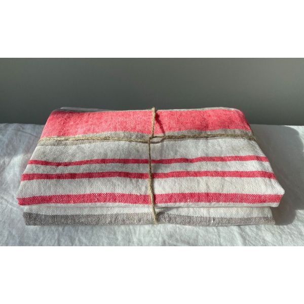 Bath towel beach cloth "Provence" stripe coral 100x140 cm 100% linen stonewashed-