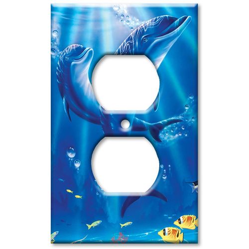 Art Plates - Outlet Cover OVERSIZE Switch Plate - OVER SIZE Decorative Metal Wall Plate - Sunlit Dolphins - (Made in USA)