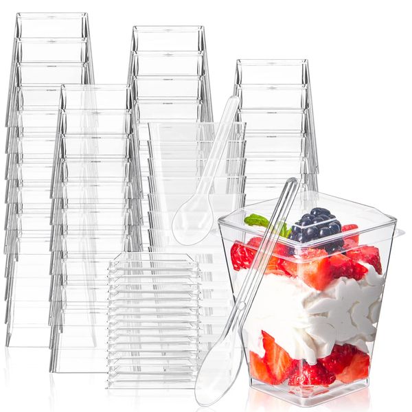 TOFLEN 50 Pack 5 oz Mini Dessert Cups with Lids and Spoons, Square Clear Plastic Dessert Shooters Party Serving Tumbler Cups for Parfait Appetizers & Dessert Shot Glasses (Flat)