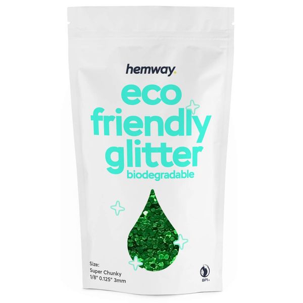 Hemway Eco Friendly Biodegradable Glitter 100g / 3.5oz Bio Cosmetic Safe Sparkle Vegan For Face, Eyeshadow, Body, Hair, Nail And Festival Makeup, Craft - Super Chunky (1/8" 0.125" 3mm) - Emerald Green