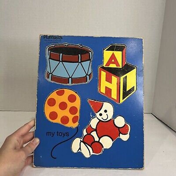 Vintage Wooden Tray Puzzle USA Playskool MY TOYS 4pc Clown Drum Block Balloon