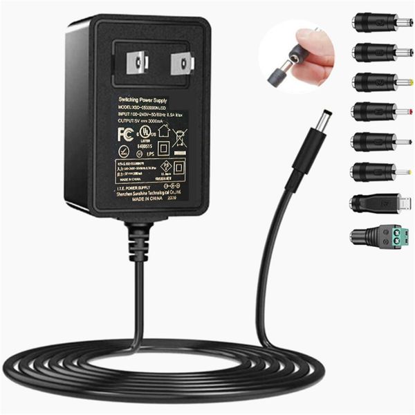 GuanTing 5V Universal AC Adapter, 5V, 3A, Power Adapter, PSE Certified, 15W Charger, Compatible with DC5V, 2A, 1A, 8 Types of Conversion Jacks, AC-DC Stabilized Power Supply, 5V, DC Adapter,