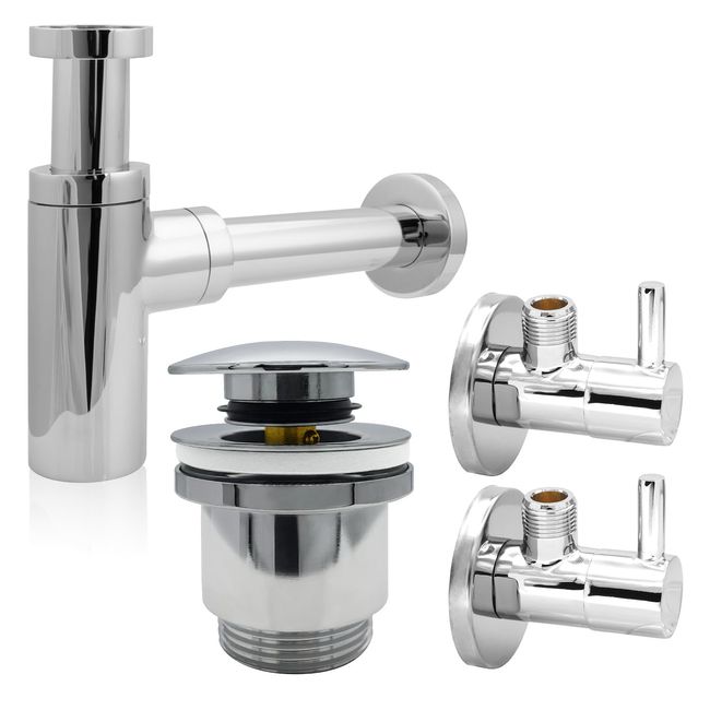 kör4u Design Set inklusive Siphon, Pop-Up Ventil und 2x Eckventil – Ablaufventil mit Dichtungen, Geruchsverschluss mit extra langem Rohr für Waschbecken (rund chrom)