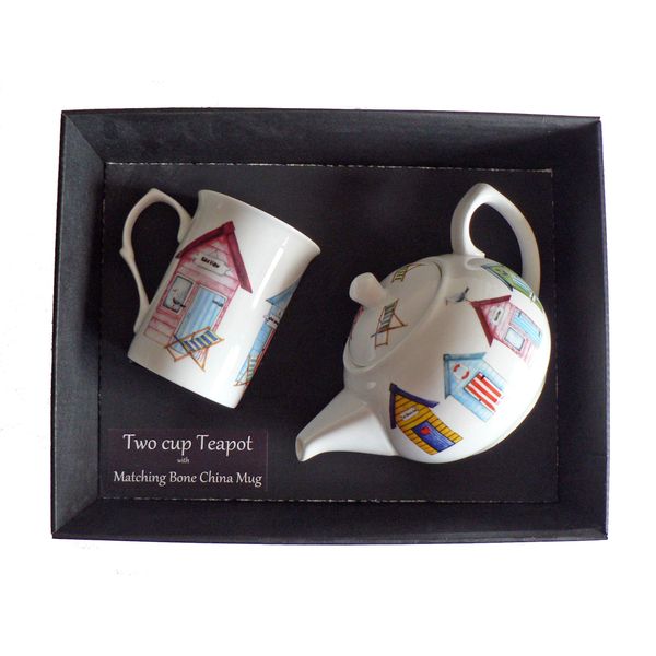 Beach Hut Teapot and Bone China Mug (3 Huts) Gift Set -