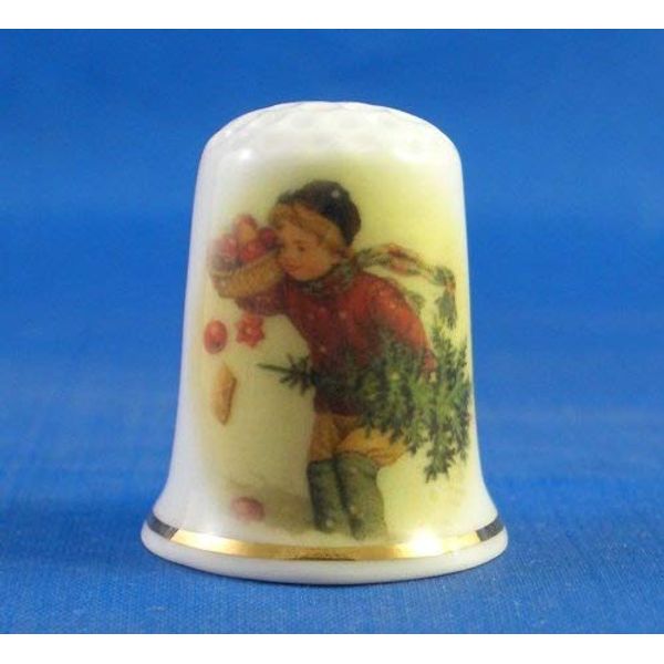 Porcelain China Collectable Thimble Bringing Home The Christmas Tree