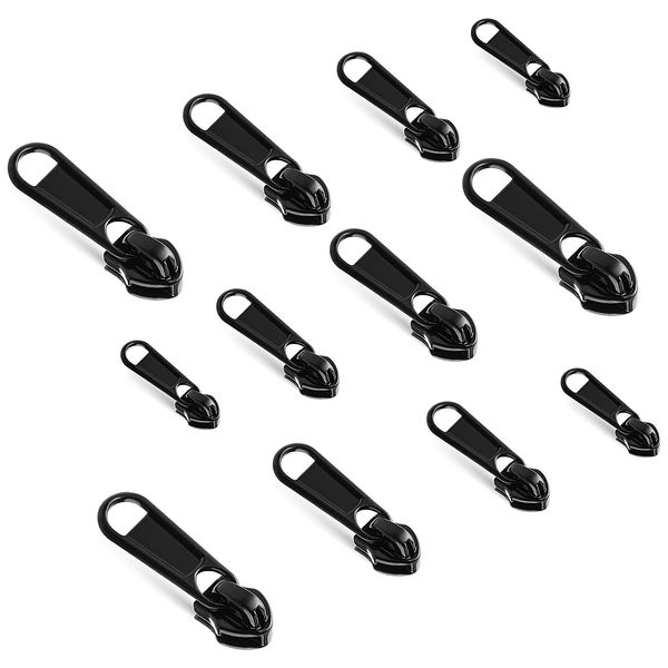 TIESOME 12 PCS Non Locking Zippers Sliders for Nylon Zipper in 4 Sizes, Black Metal Zipper Pulls Bulk#3#5#8#10Zinc Alloy Zipper Pull Replacement Slider Zipper Head for Purse Luggage(Black)