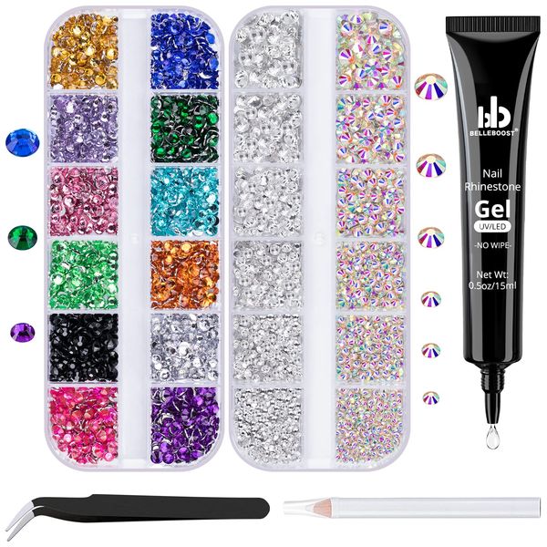 Nail Art Rhinestone Glue Kit - 1 Tube of 15ml Gel + Colorful Gems + Flat-back Round Glass Crystals With Pickup Tools