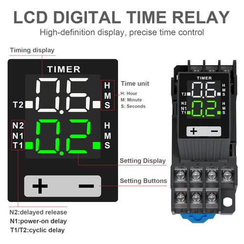 GUETNEU LCD Digital Display Time Relay, Time Control Delayer, Dual Time with Plug-in Terminal Socket, 14-Pin 110 VAC 4PDT Time Delay Relay (H3Y-4)