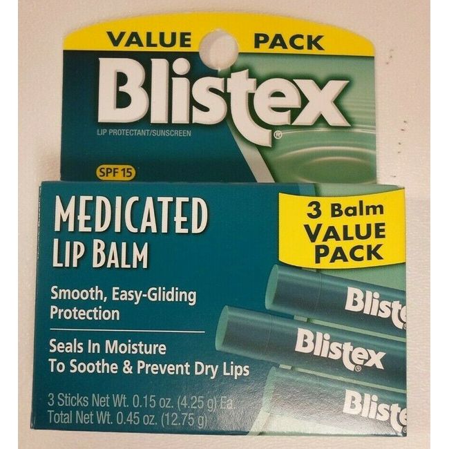 Blistex Medicated Lip Balm 3 Tube Value Pack Moisture Medication SPF15 Sunscreen