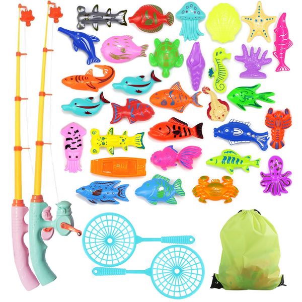 Magnetic Fishing Game - 36 Pcs Color Ocean Sea Animals Plastic Floating Fish with Pole Rod Net Storage Bag, Water Table Bathtub Game for Age 3 4 5 6 Year Kids Toddler, Bath Toys for Kids Ages 4-8