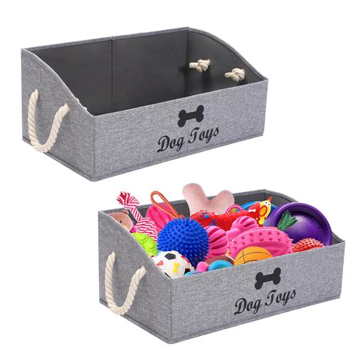 Geyecete 2 Pack Large Dog Toys Storage Bins-Foldable Fabric Trapezoid Organizer Boxes with weave Rope Handle,Collapsible Basket for Shelves,Dog Apparel(Snow Gray-DOG)