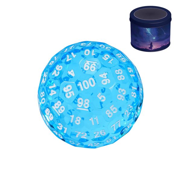 Poludie Upgraded D100 Dice, Single 100 Sided Polyhedral Dice D100 Die 50mm, D&D Dice D100 Game Dice, 100 Sided Cube with Metal Storage Tin(T Blue/White Font)