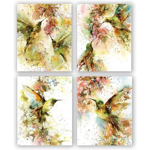 DXOAGXQ Hummingbird Painting Art, Bird Art Prints Set, Hummingbird Wall Decor, Watercolor Bird Poster,Set of 4 (8"X10", No Frame)
