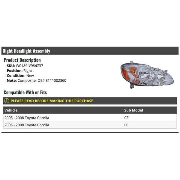 Right Passenger Side Headlight Assembly - Compatible with 2005-2008 Toyota Corolla CE, LE