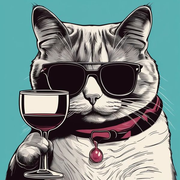 Blue Cool Cat Digital Printable Pop Art, drinking glass of wine with sunglasses