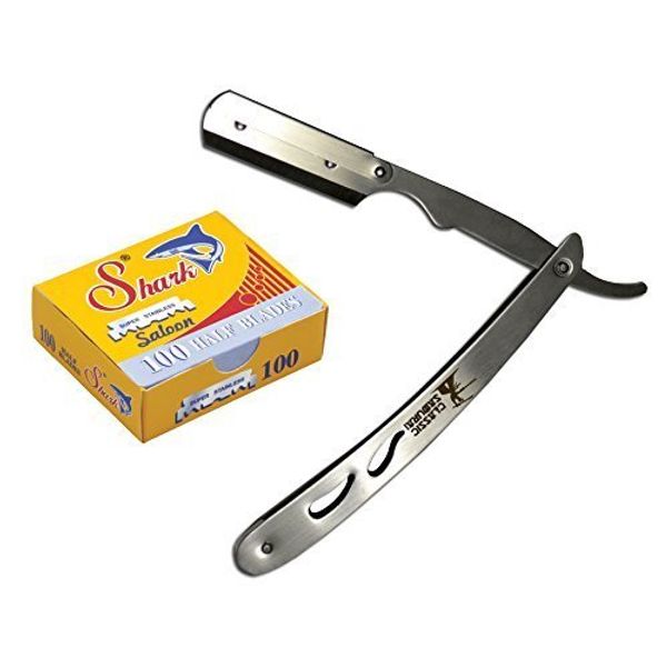 Classic Samurai CS-102 Stainless Steel Professional Barber Straight Edge Razor with 100 Count Shark Single Edge Razor Blades