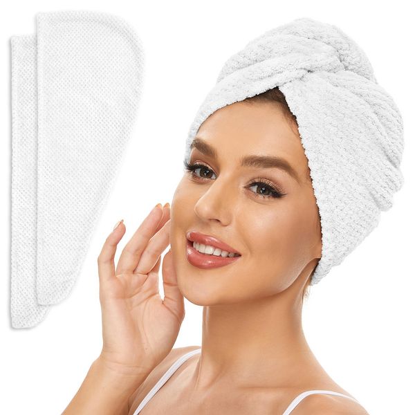 SimpleField 2 Pack Microfiber Hair Towel Wrap for All Hair Style, Anti Frizz Quick Drying Hair Turban - Perfect for Women, Men and Kids (Bright White)