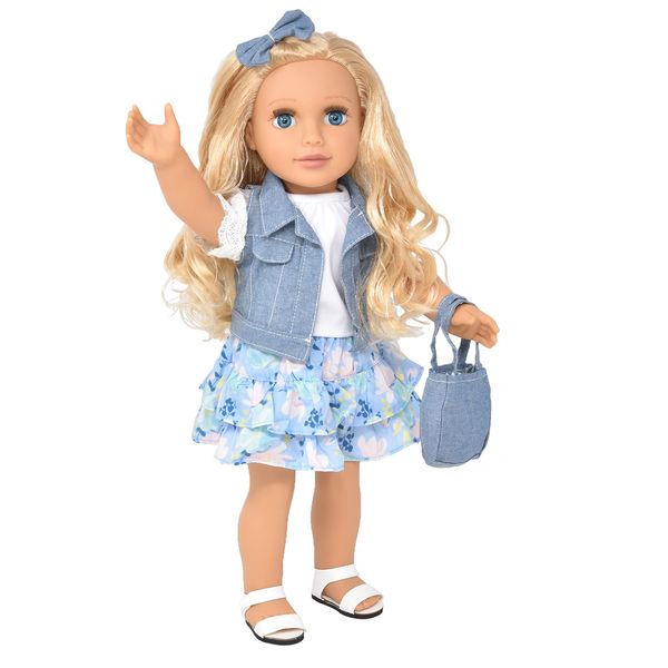 Gift Boutique 18 Inch Girl Doll, Fashion Doll with Fine Blond Long Hair for Styling, Blue Eyes, Floral Outfit Denim Jacket Sandals Boots Hair Bow Handbag, Doll Clothes & Accessories for Girls and Kids