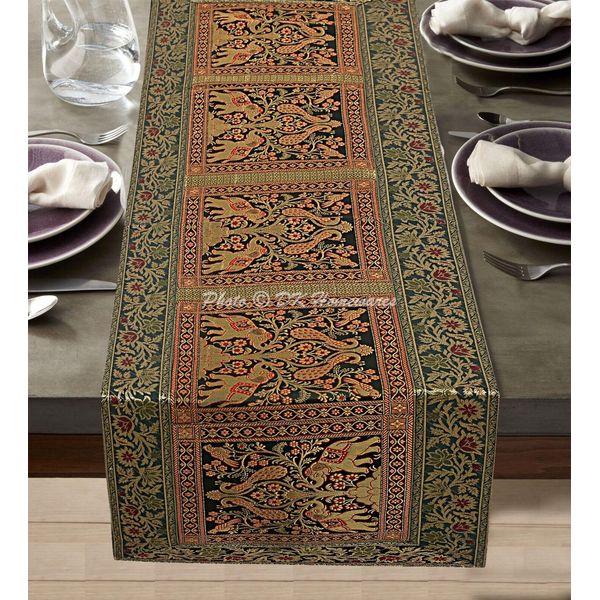 Indian Brocade Coffee Table Runner Wedding 5 Ft Elephant Dark Green Table Cover