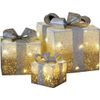 Marco Paul Christmas Set of 3 Snow Frosted Light Up Faux Gift Boxes Pre-Lit Warm White LED Parcels Battery Operated Festive Decoration Xmas Sparkly Gifts (Gold and Silver)