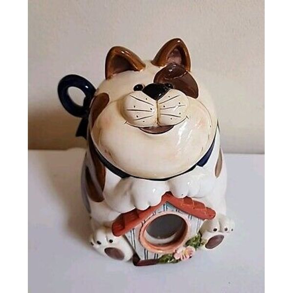 Vintage Cat With Birdhouse Cookie Jar Pet Treat Food Storage Container Adorable