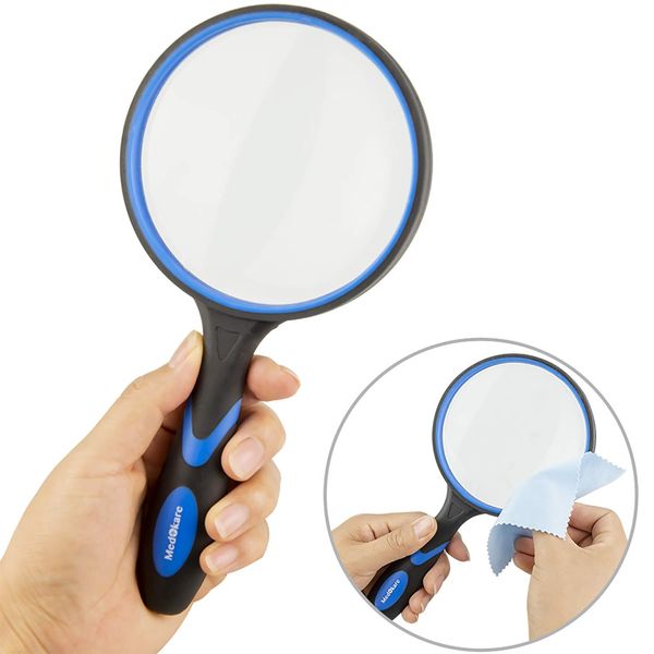 Medokare Large Magnifying Glass Lens - 5X Handheld Reading Magnifier for Seniors Adults & Kids, 100MM 4inches, Real Glass Magnifying Lens for Book Newspaper, Observation (Blue 100mm)