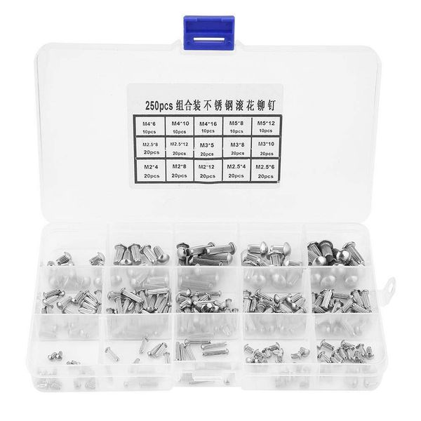 Broco 250pcs M2-M5 Stainless Steel Round Head Knurled Shank Solid Rivets Assortment Set